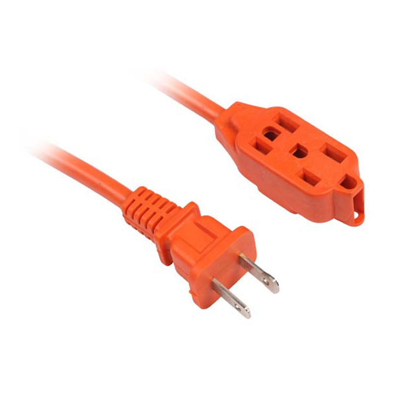 Die leuchtend orangefarbenen Mehrfachsteckdosen-Verlängerungskabel für den Außenbereich mit zweipoligem US-Stecker FP-670, FP-671